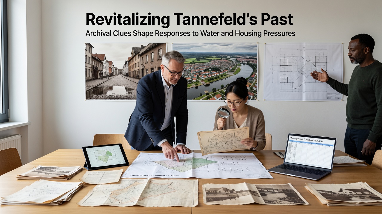 Researchers examining historical maps and water flow diagrams in Tannefeld's archive room