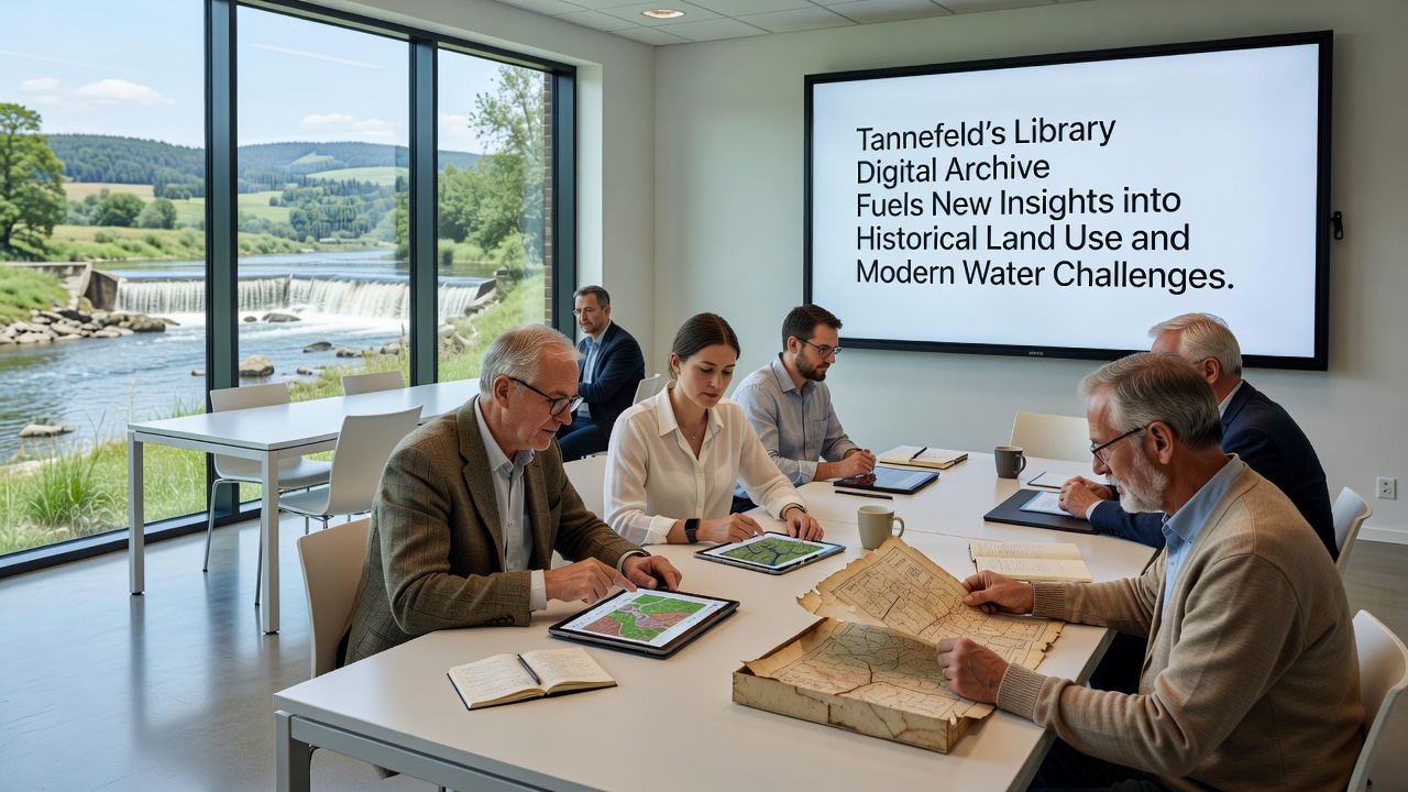 Researchers reviewing digitized hydrological maps on screens inside Tannefeld Library reading room